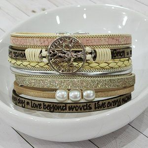 Multy Layers Leather Bangle Magnetic Bracelet for Men and‎ Women 7.5in - Khaki